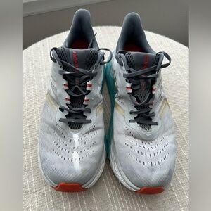 Hoka Gray and Teal Running Shoes with Red Accents